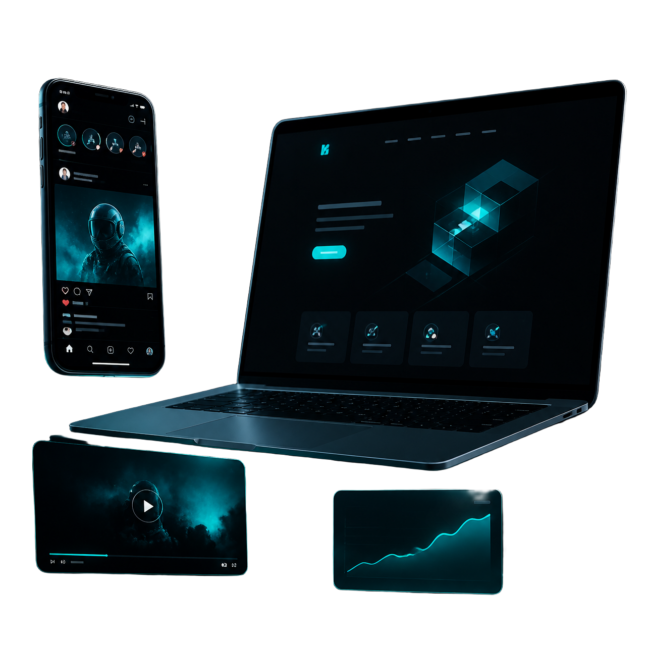 Hemsida, sociala medier och videoannonser från Dais Marketing visade på laptop, mobil och videospelare